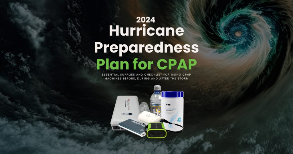 Image of a hurricane and CPAP supplies to be prepared for hurricane season