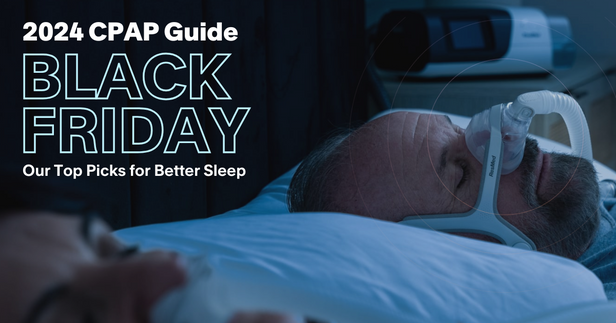 Man and woman wearing a cpap mask while sleeping quietly at night with text showing guide to black friday