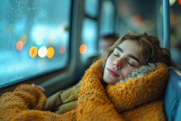 A woman sleeping comfortably on a metro public transport system