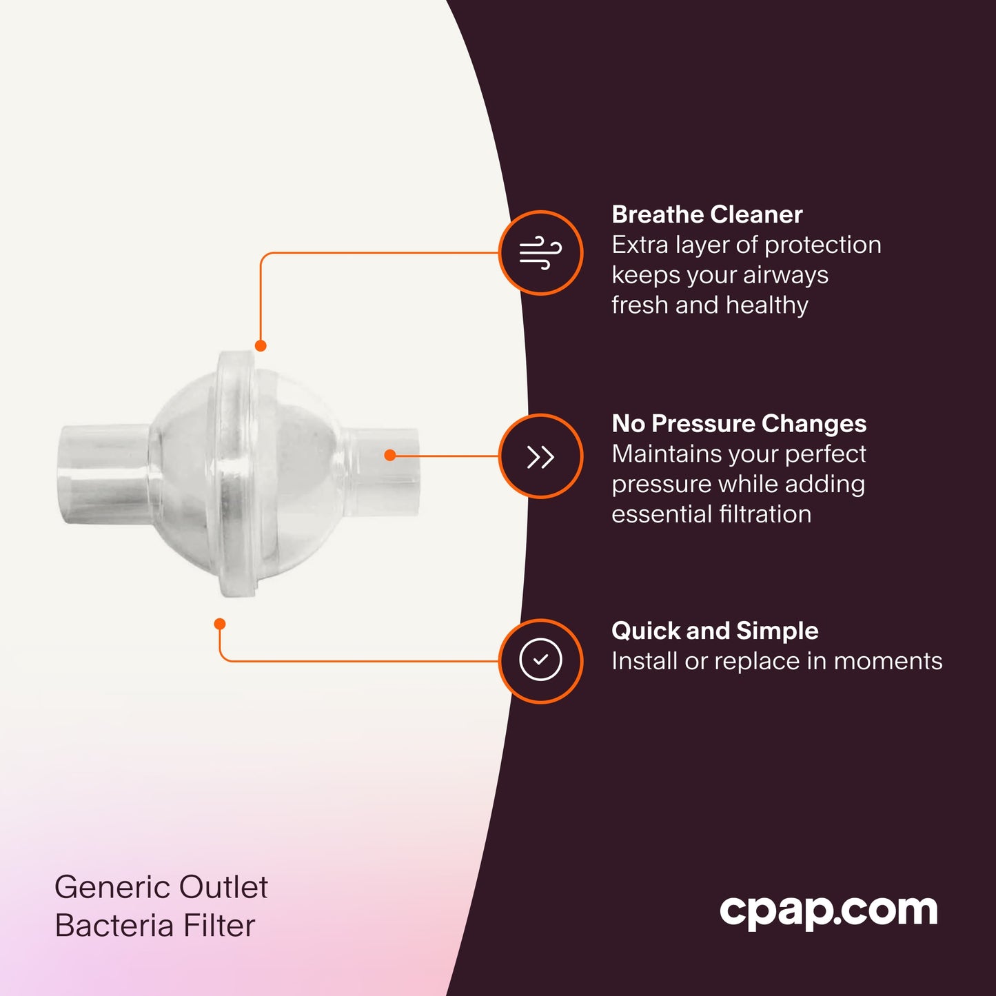 Inline CPAP bacteria filter offering clean, healthy air with easy installation and no pressure changes for seamless therapy.