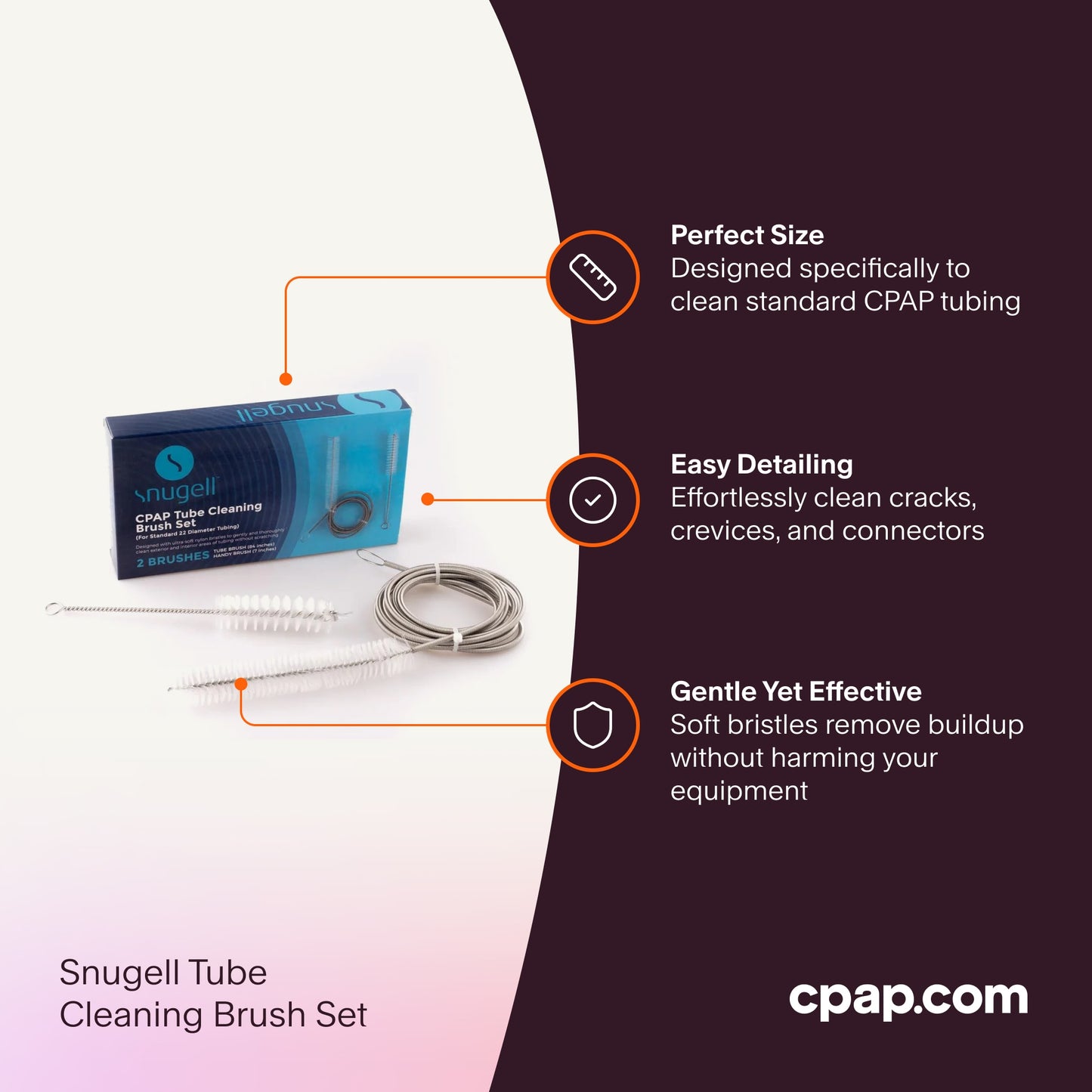 Snugell CPAP Tube Brush Kit designed to clean standard CPAP tubing, connectors, and crevices with gentle, effective bristles.