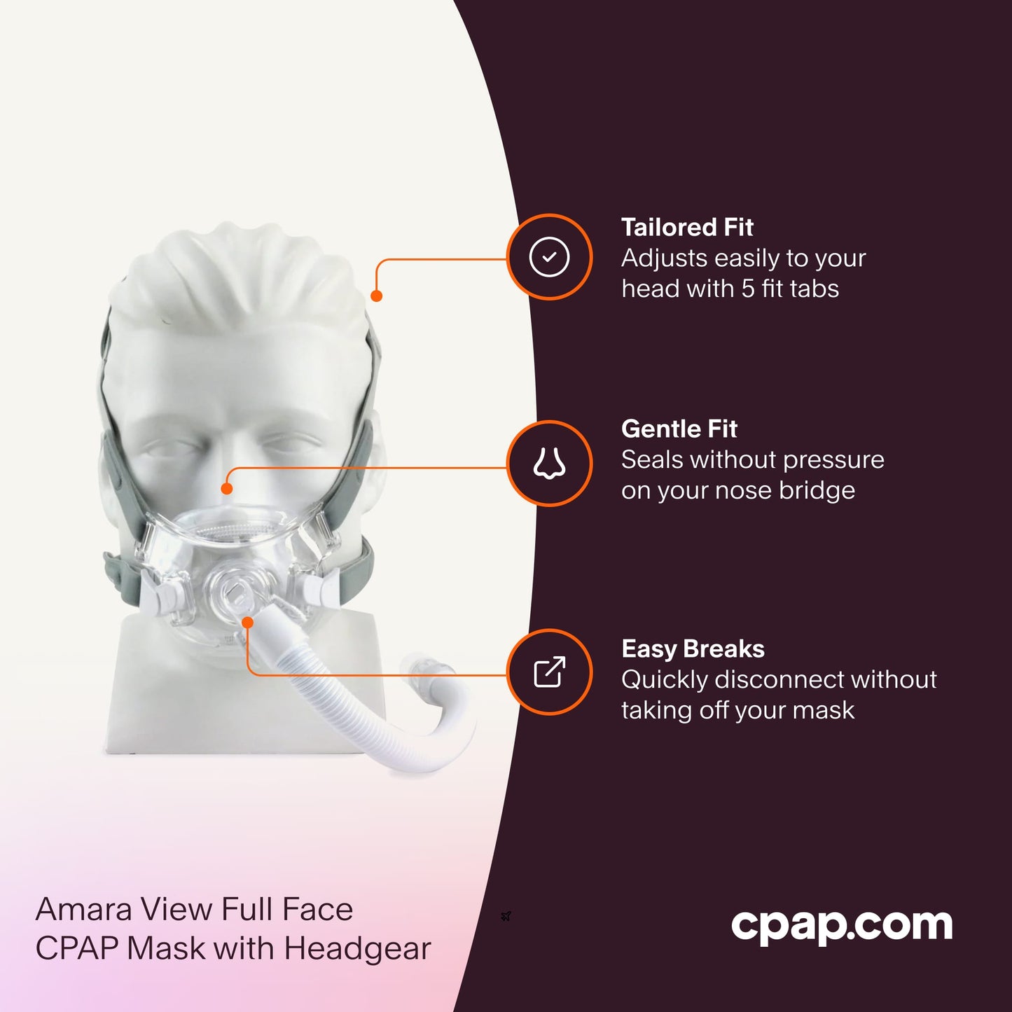 Amara View Full Face Mask featuring a nose bridge-free seal for gentle comfort, 5 fit tabs for easy adjustments, and quick-disconnect elbow for convenience.