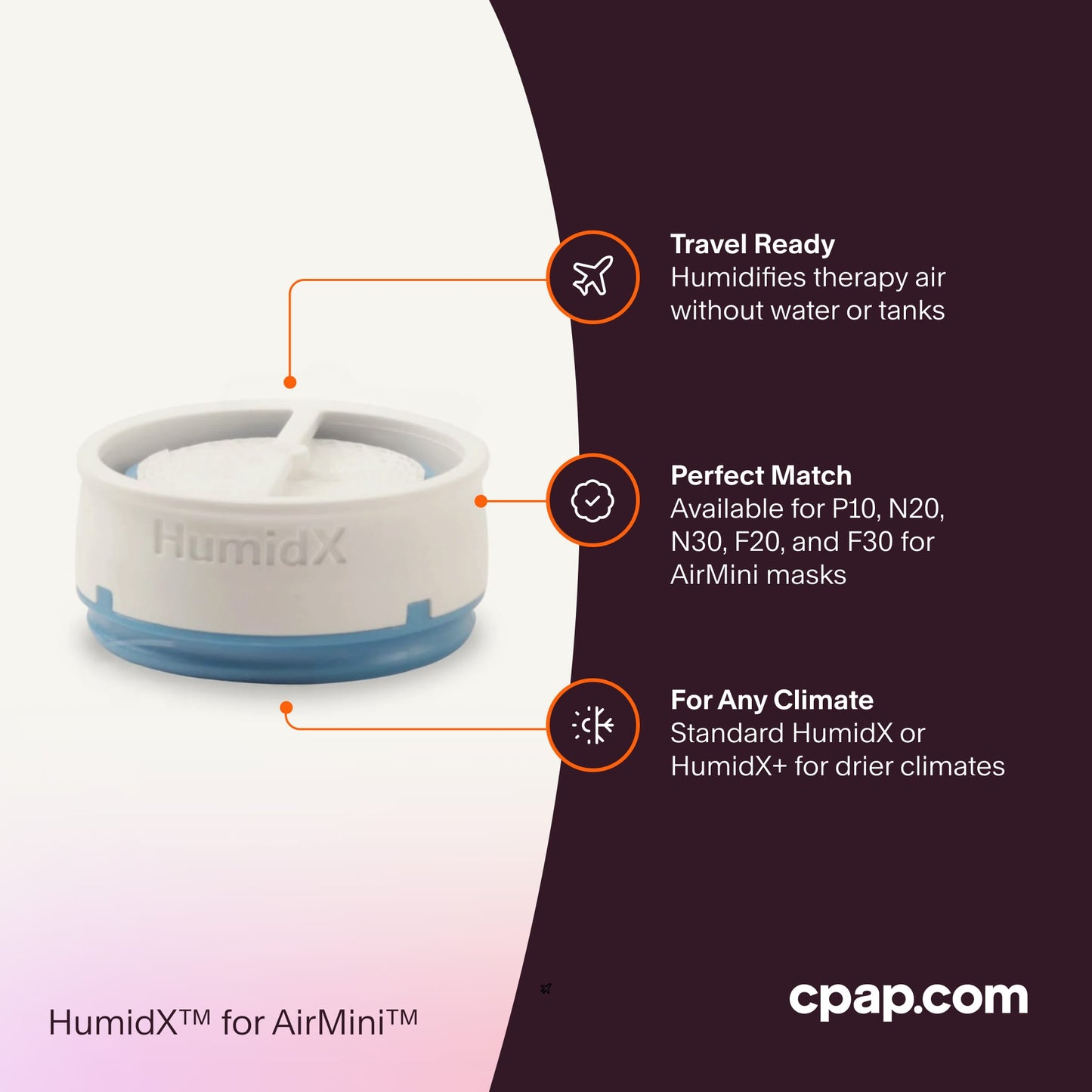 HumidX and HumidX Plus Waterless Humidification System for AirMini featuring tank-free humidification, compatibility with multiple AirMini masks, and options for standard or dry climates.