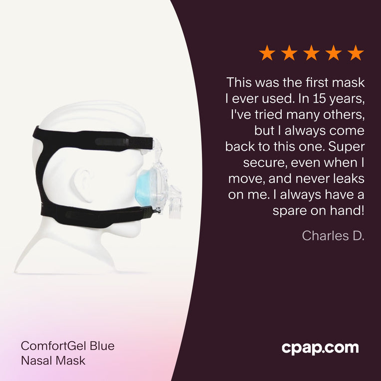 Testimonial highlighting ComfortGel Blue CPAP mask’s consistent performance, secure fit, and minimal leaks even with movement.