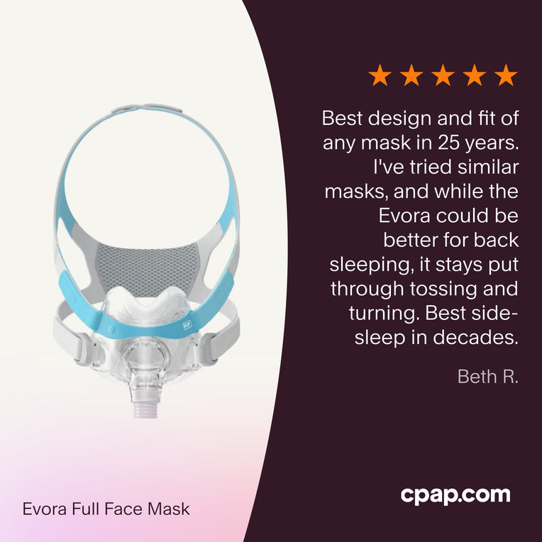 Testimonial praising Evora Full Face Mask's secure fit for side-sleepers and stability during movement.