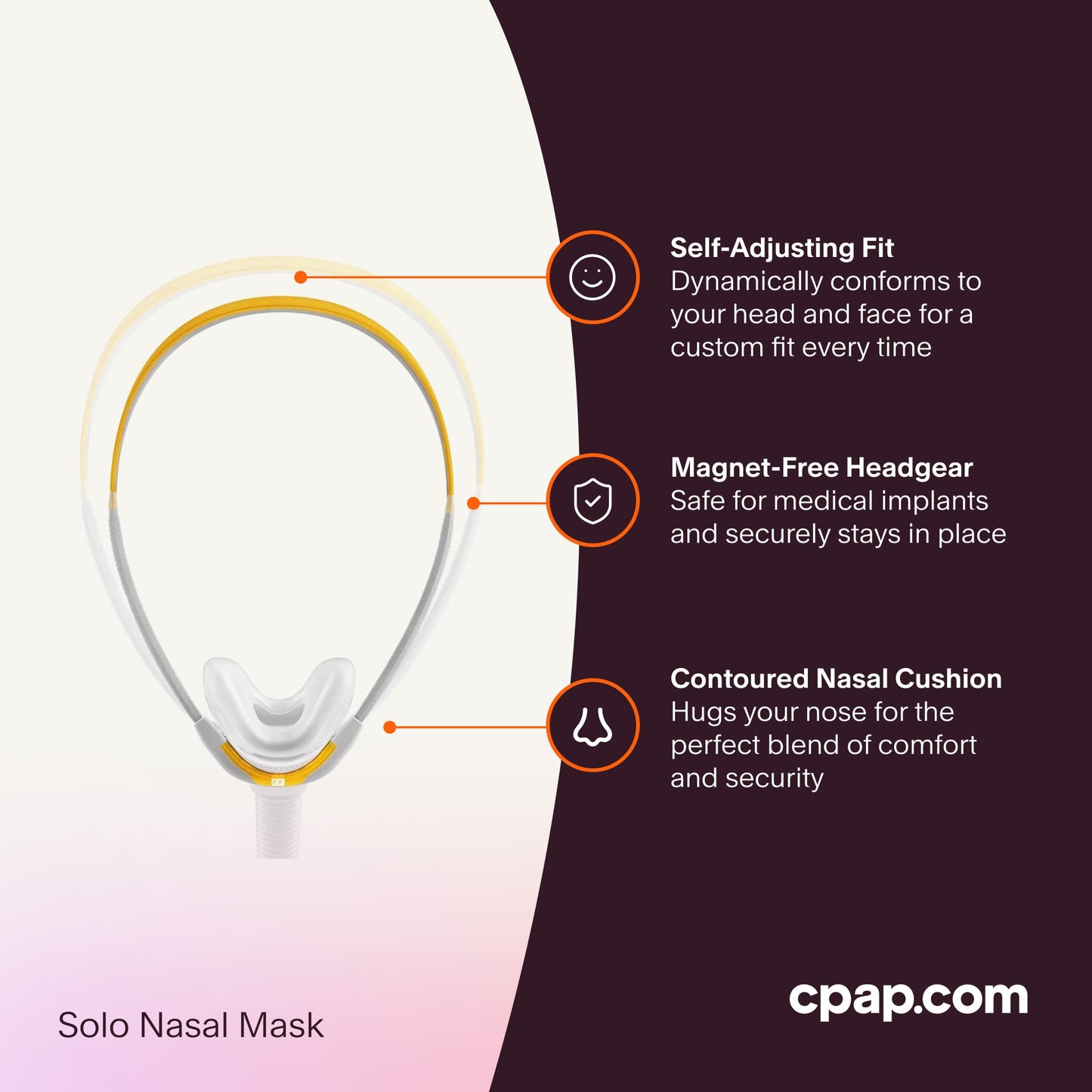 F&P Solo Nasal Mask featuring self-adjusting headgear for a custom fit, magnet-free design safe for medical implants, and a contoured nasal cushion for comfort and security.