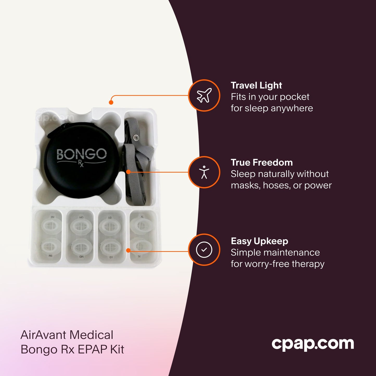 Bongo RX EPAP device featuring ultra-portable design for pocket-sized travel, natural sleep therapy without masks or hoses, and minimal maintenance for hassle-free care.