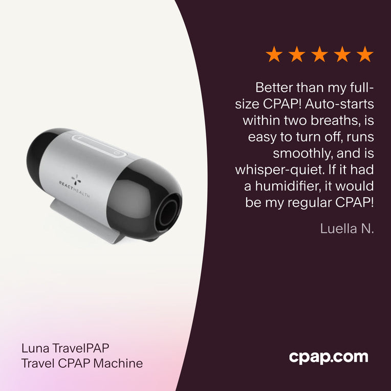 Testimonial for Luna TravelPAP praising its whisper-quiet operation, auto-start feature, and smooth performance, rivaling full-size CPAP machines.