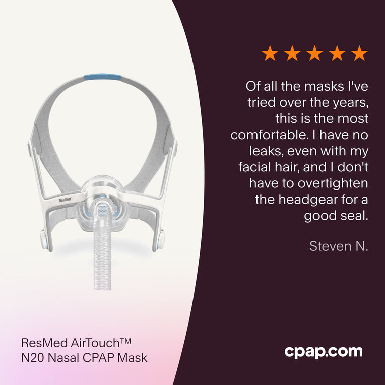 Testimonial highlighting the AirTouch N20 mask’s superior comfort, reliable seal with facial hair, and secure fit without overtightening.