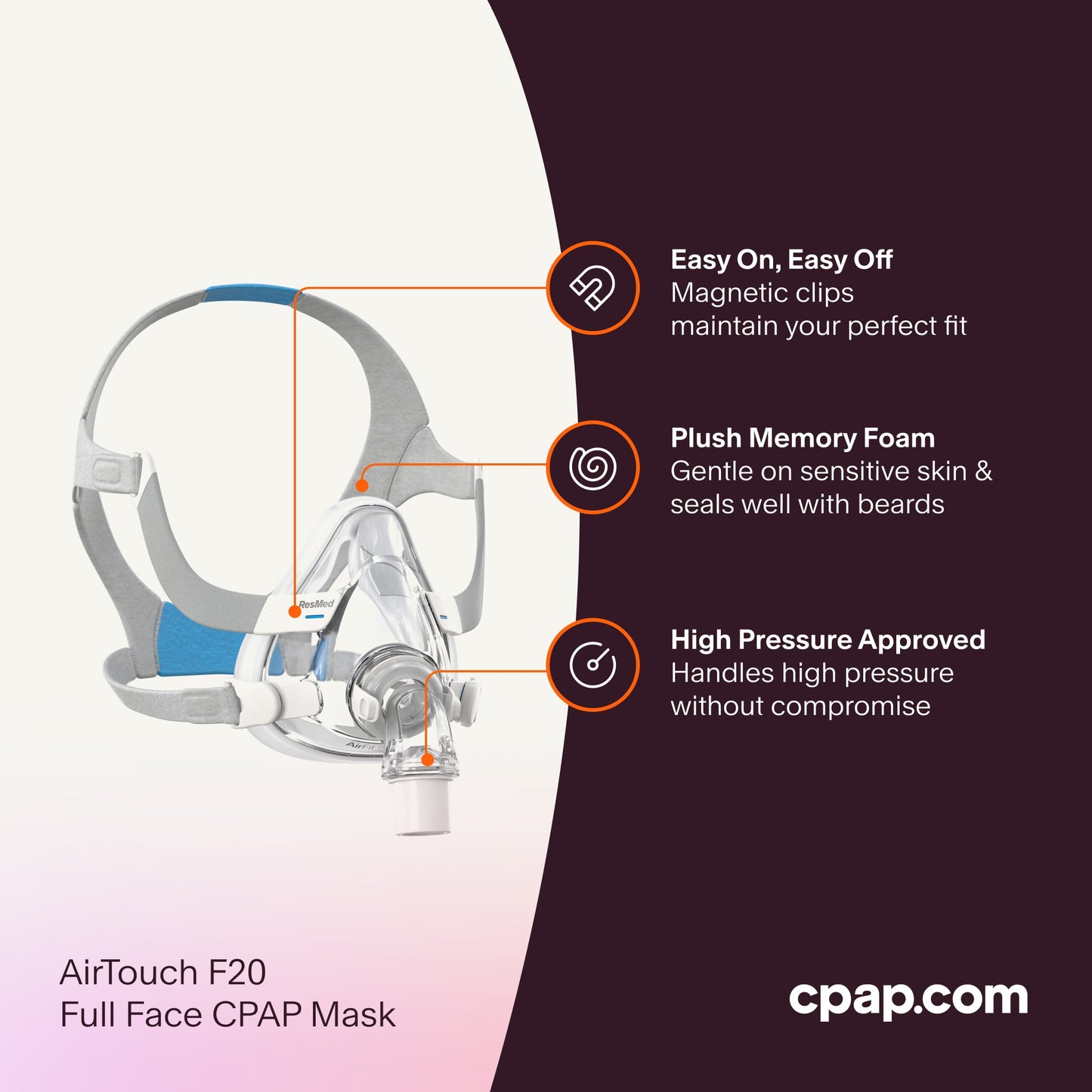 ResMed AirTouch F20 Full Face CPAP Mask highlighting key features: magnetic clips for easy fitting, plush memory foam cushion for comfort and a seal suitable for beards, and high-pressure compatibility.