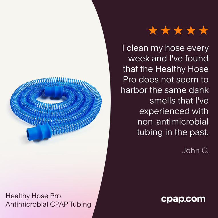 Testimonial praising the Healthy Hose Pro for resisting odors commonly found in non-antimicrobial tubing.