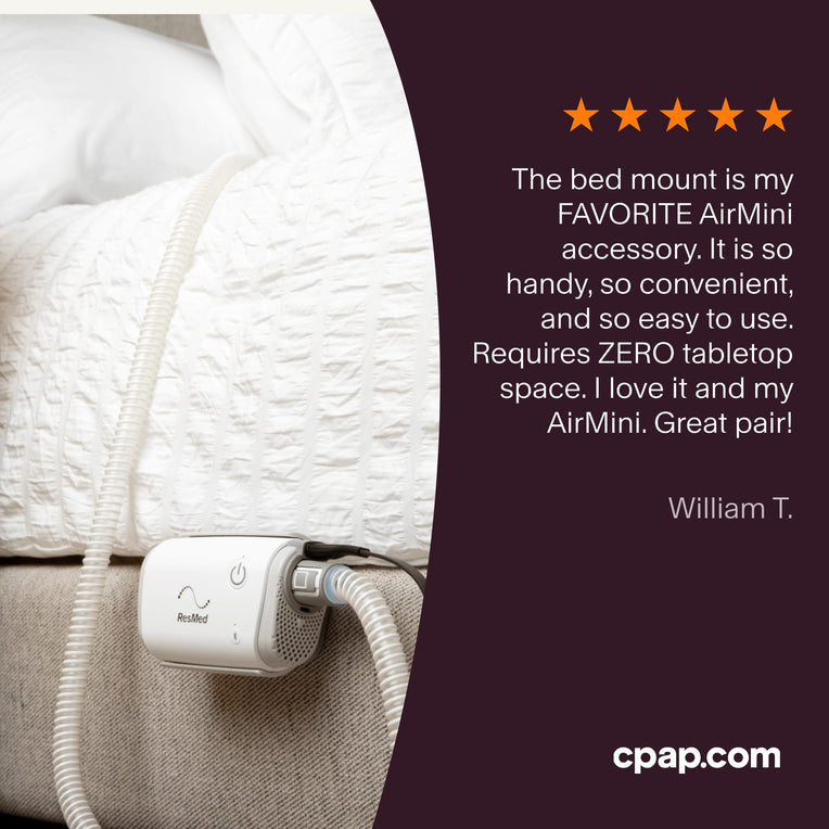 Testimonial praising the AirMini Bed Mount as a favorite accessory for its convenience, ease of use, and space-saving design, making it a perfect match for the AirMini.