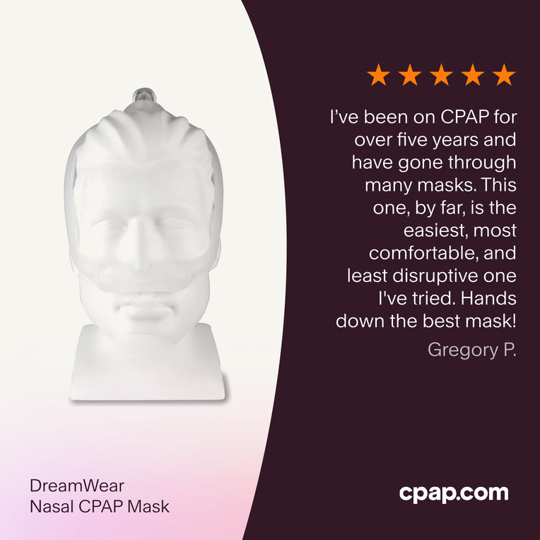 Testimonial praising the DreamWear Nasal CPAP Mask for its comfort, suitability for side sleeping, and ability to allow activities like watching TV or reading, highlighting its minimal, user-friendly design.