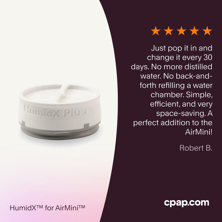 Testimonial praising the HumidX and HumidX Plus for AirMini for its simplicity, efficiency, and space-saving design, eliminating the need for distilled water while traveling.