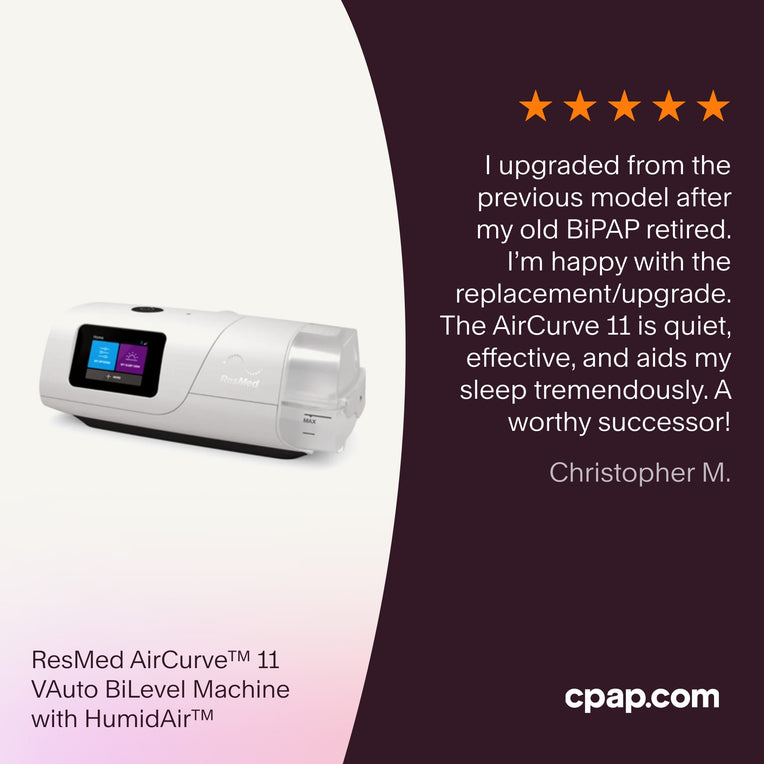 Testimonial praising the AirCurve 11 as a quiet, effective BiPAP that significantly improves sleep, described as a worthy upgrade and successor to the previous model.