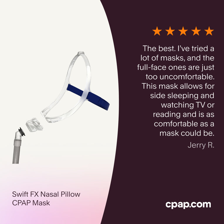 Testimonial praising the ResMed Swift™ FX Nasal Pillow Mask as the easiest, most comfortable, and least disruptive mask the user has tried in over five years on CPAP therapy.