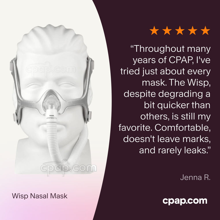 Testimonial praising the Wisp Nasal Mask as a longtime favorite for its comfort, minimal marks, and rare leaks, despite wearing out quicker than other masks.