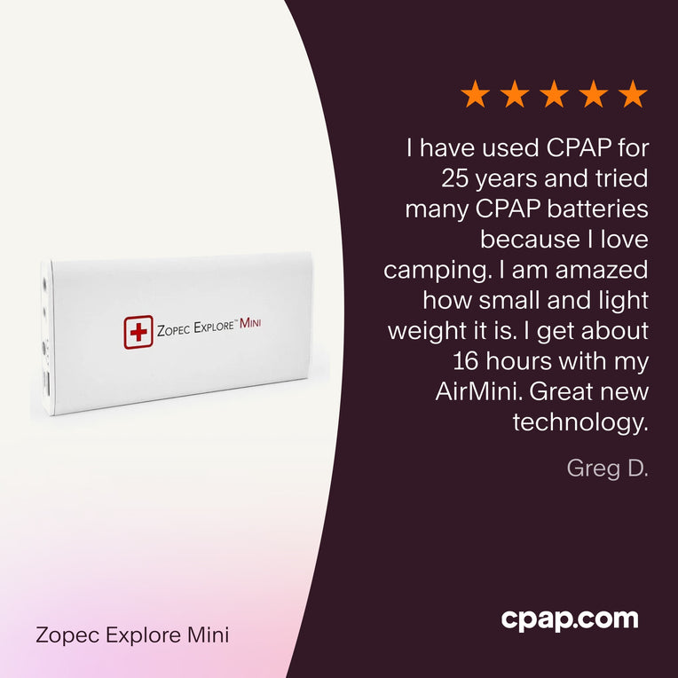 Testimonial praising the Zopec Explore Mini CPAP Battery for its compact, lightweight design and reliable 16-hour performance with an AirMini, ideal for camping.