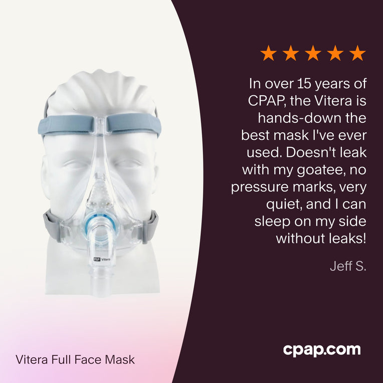 Testimonial highlighting Vitera mask’s leak-free seal with facial hair, comfort without pressure marks, quiet performance, and side-sleep compatibility.