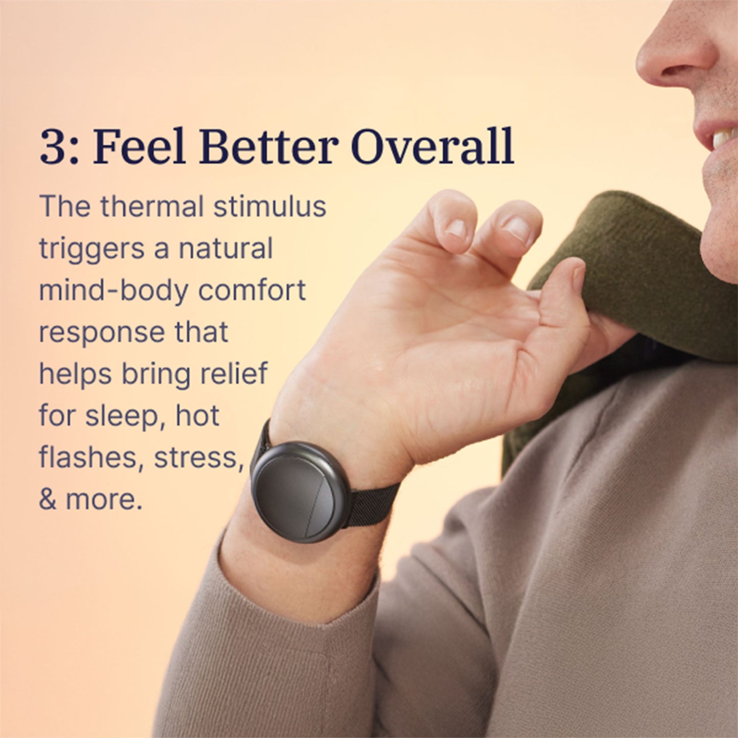 User wearing the Embr Wave 2 device, experiencing comfort for stress and hot flashes relief.