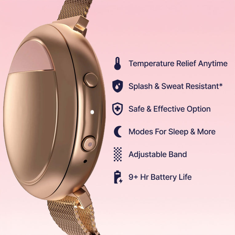 Detailed close-up of the Embr Wave 2 device highlighting its features, including temperature relief, adjustable band, and 9+ hour 