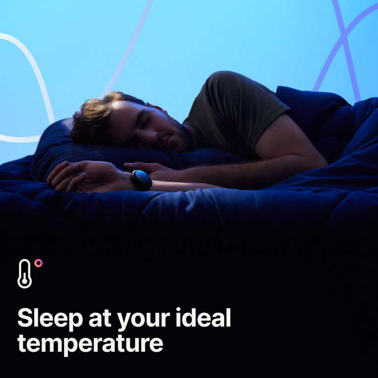 Man sleeping with the Embr Wave 2 device, emphasizing ideal temperature settings for better sleep quality.