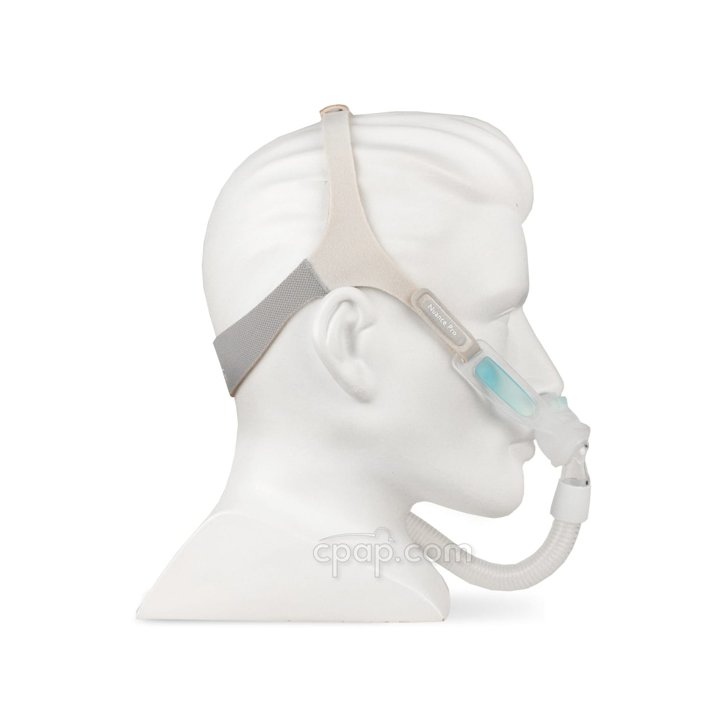 Nunance Pro Gel Nasal Pillow CPAP Mask with Headgear -Side - Shown on Mannequin (Not Included)