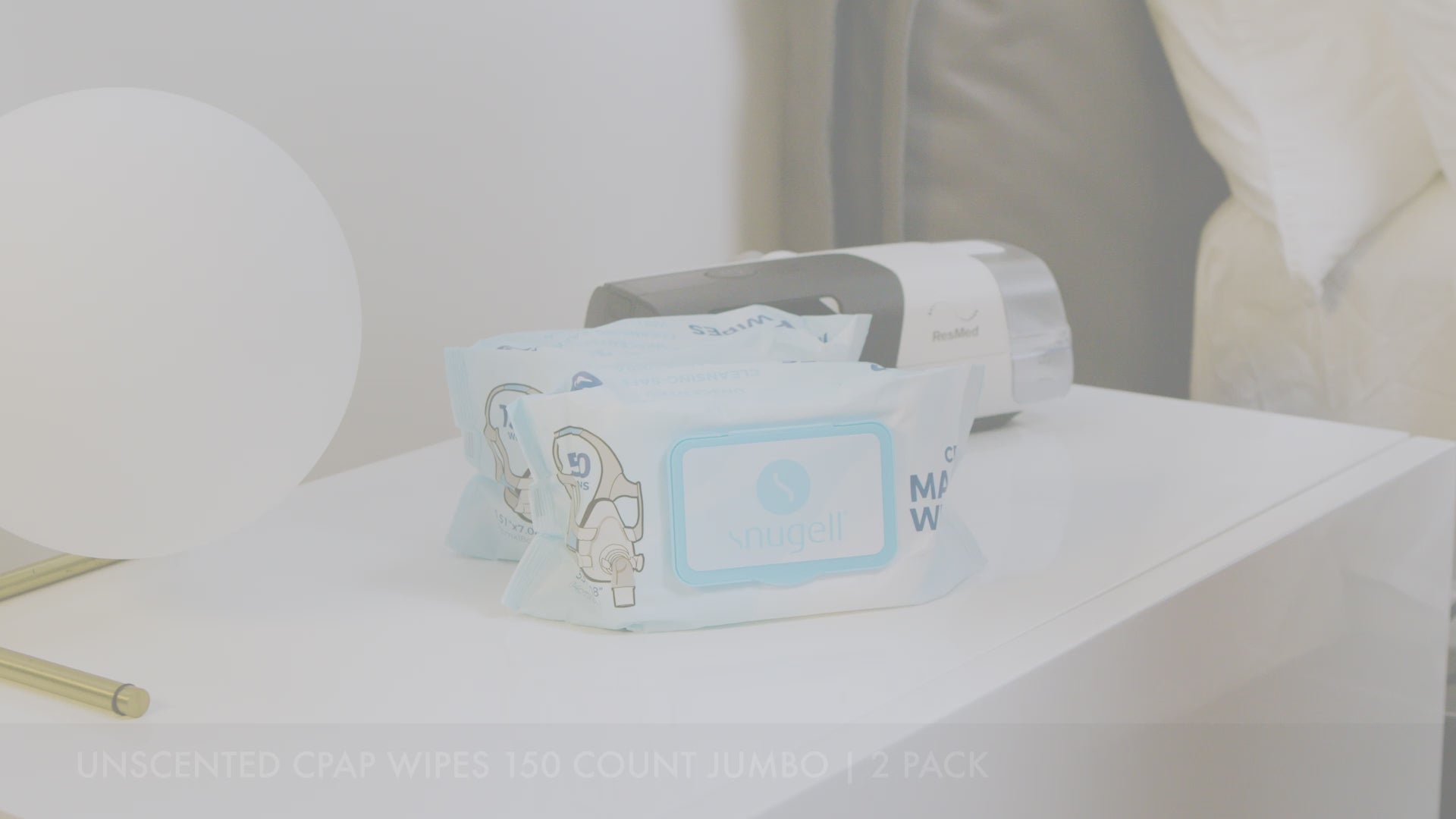 Product Video featuring  Snugell CPAP mask wipes, citrus scent, 150-count pack, ideal for maintaining hygiene and ensuring a fresh mask experience