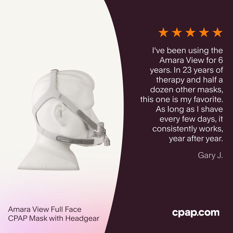 Testimonial praising the Amara View Full Face Mask for its long-lasting reliability and comfort, making it a favorite after decades of CPAP therapy.