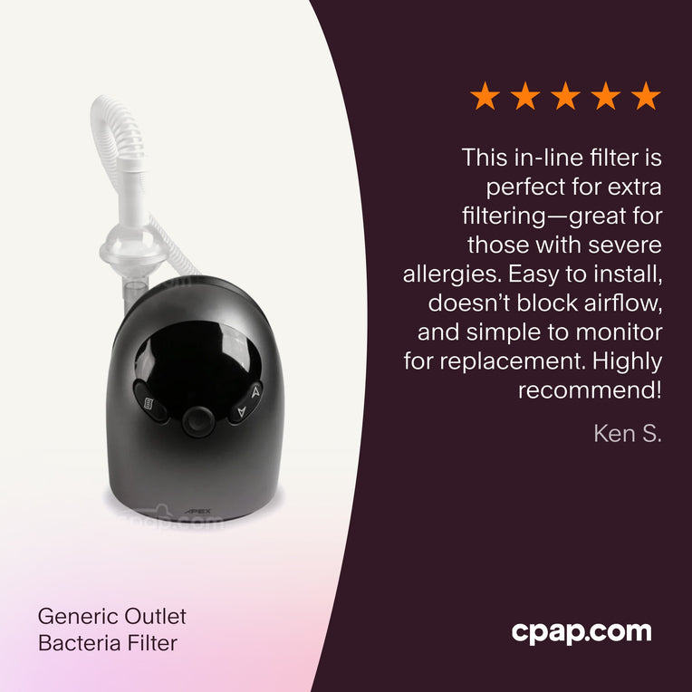 Testimonial for in-line CPAP bacteria filters, highlighting their easy installation, compatibility for those with severe allergies, and monitoring simplicity.